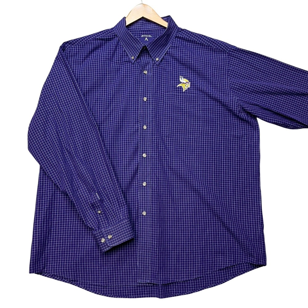 Minnesota Vikings Antigua Button‎ Down Shirt Mens XXL Purple NFL Micro Grid Logo